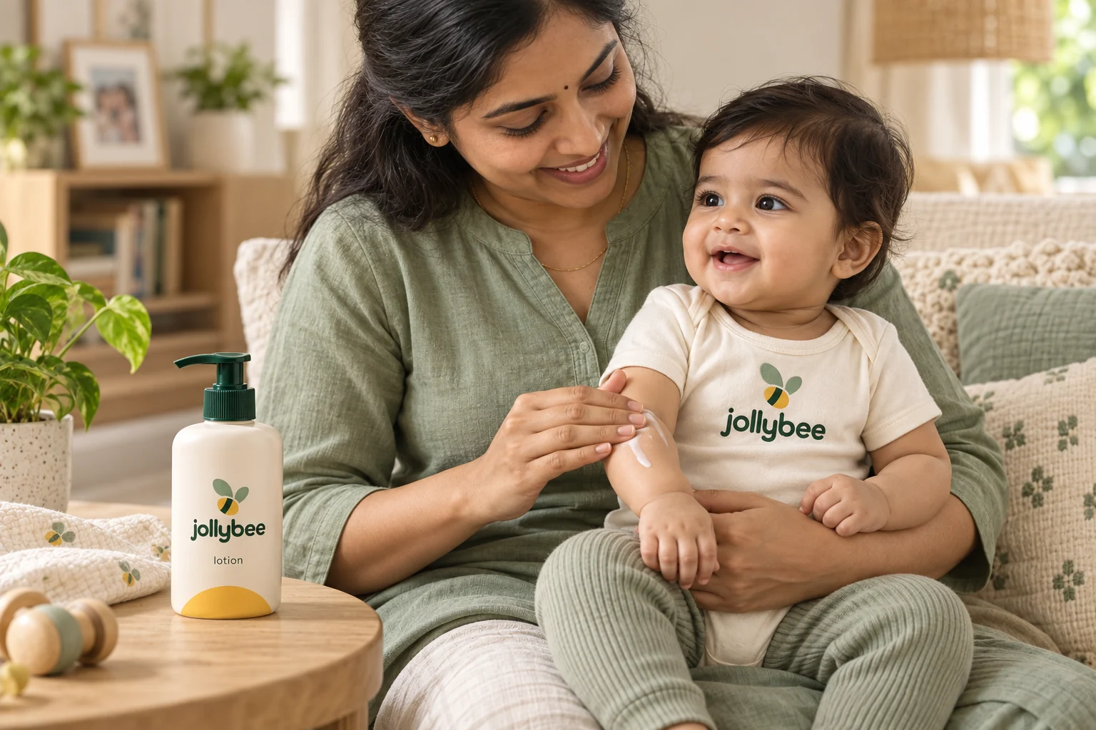 Mother applying Jollybee lotion to her clothed baby’s forearm