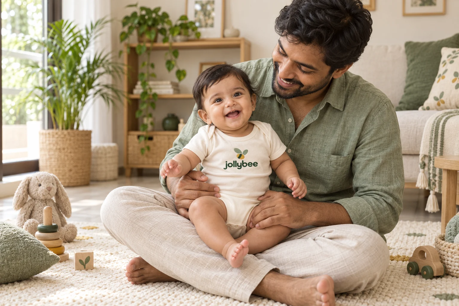 South Indian father cuddling a smiling baby in a Jollybee bodysuit
