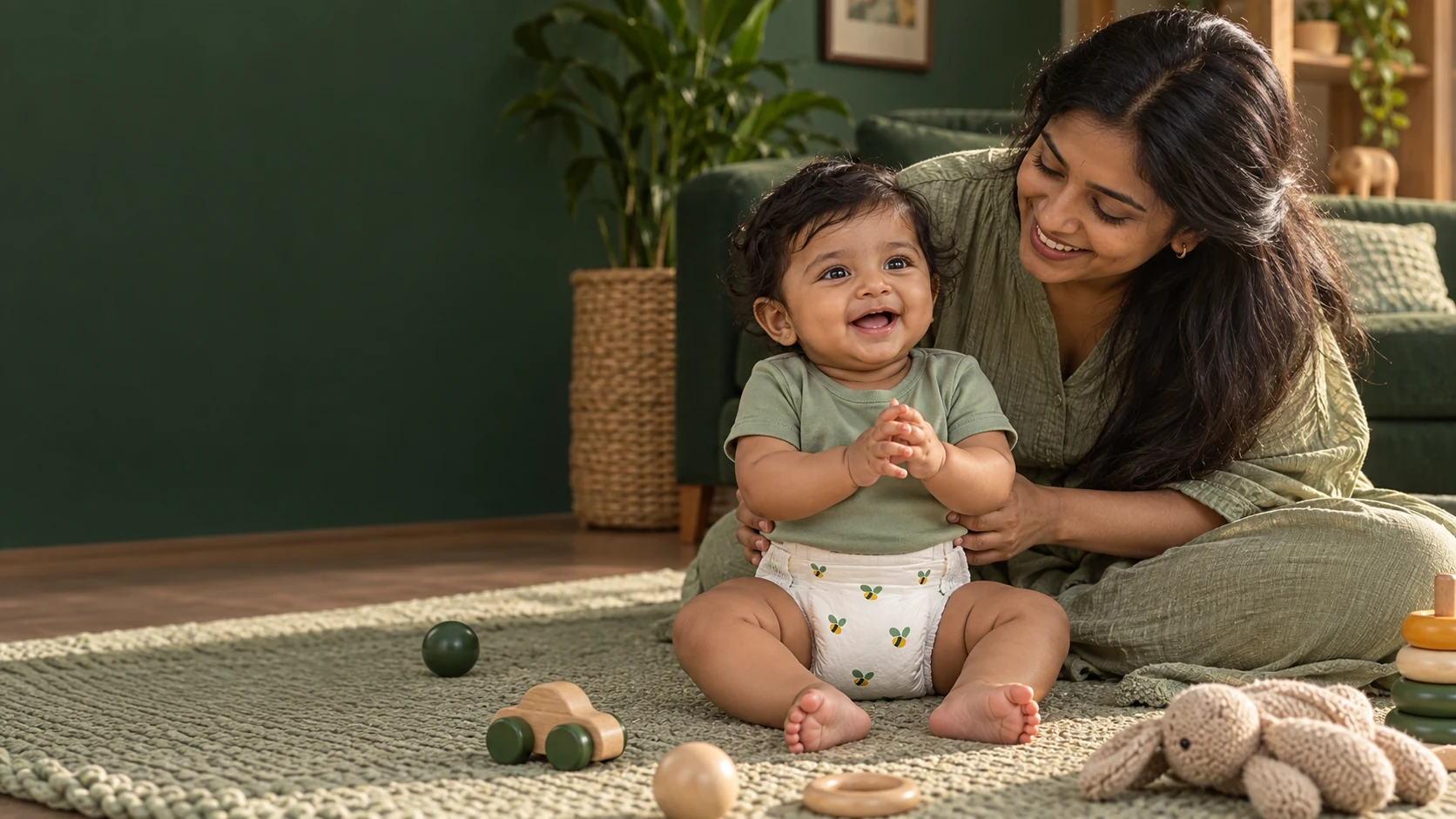 Smiling Indian baby wearing a bee-print diaper beside a parent