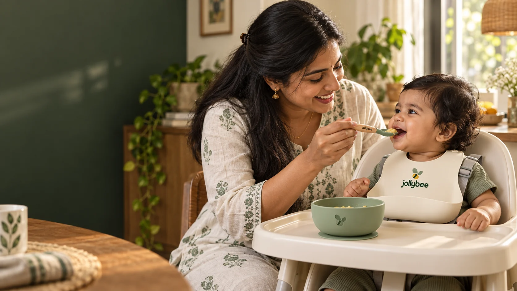 South Indian mother feeding her baby with a Jollybee spoon, bib and bowl