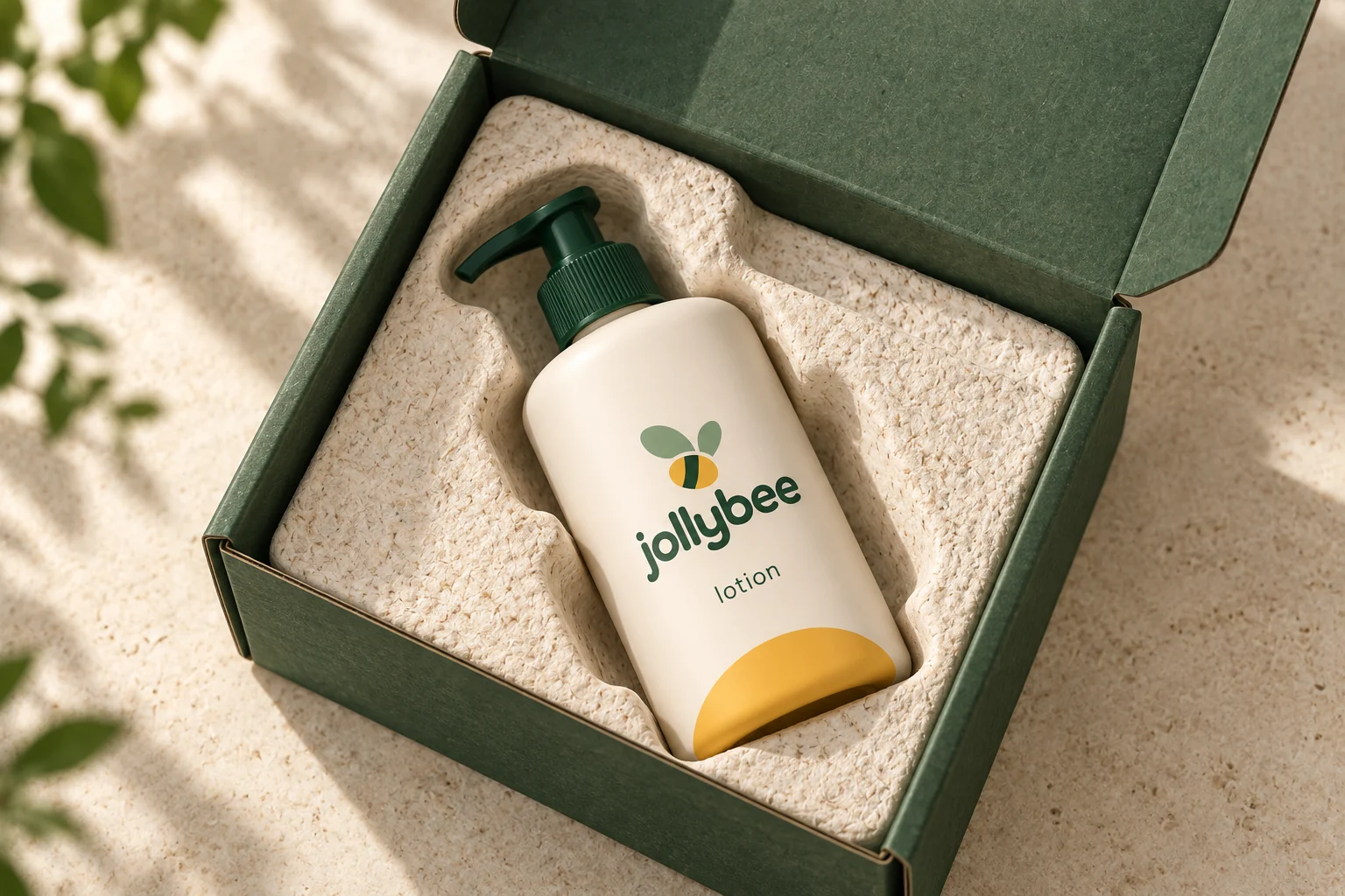 Illustrative Jollybee lotion box with mycelium protective insert