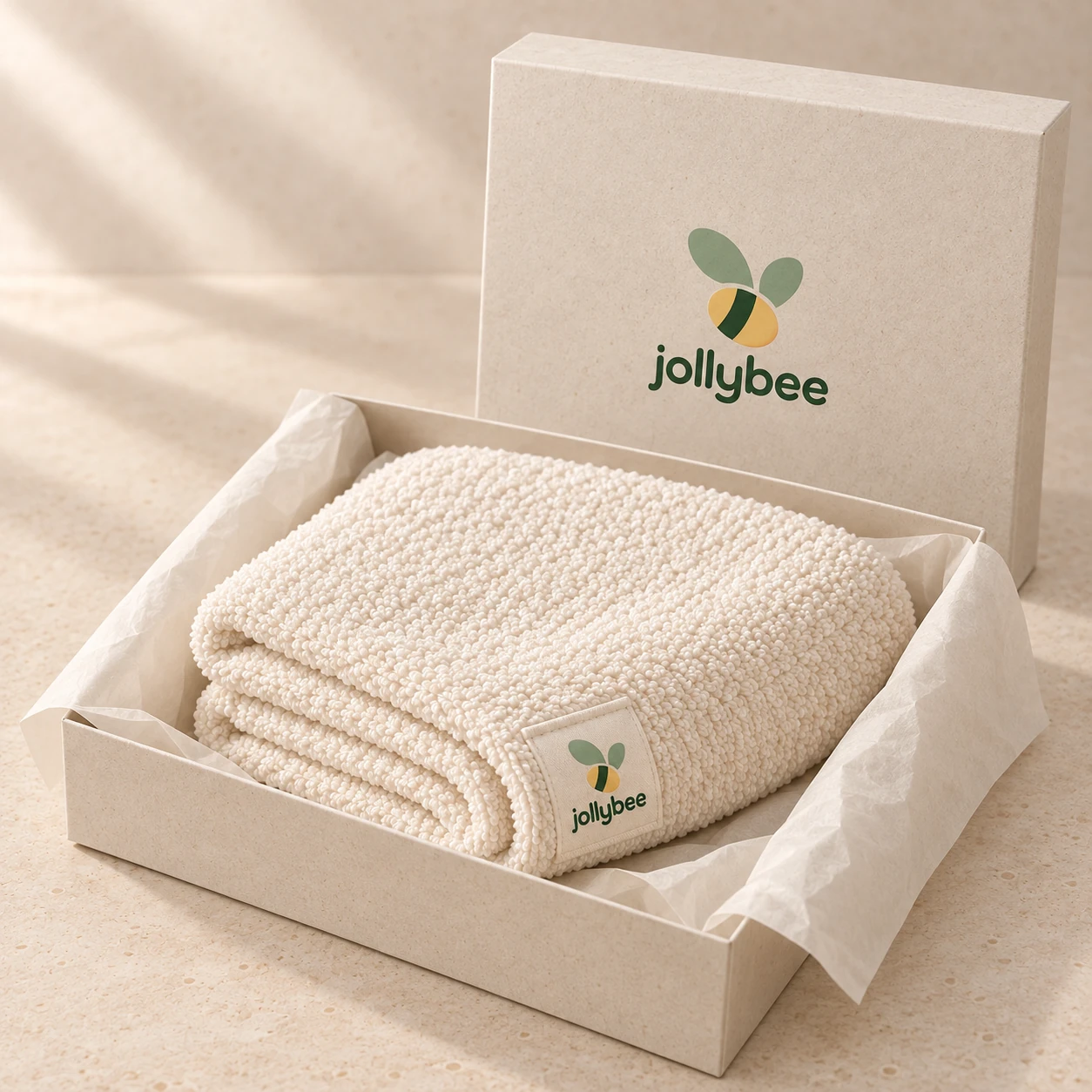 Jollybee baby bath towel placed inside its visible open branded box