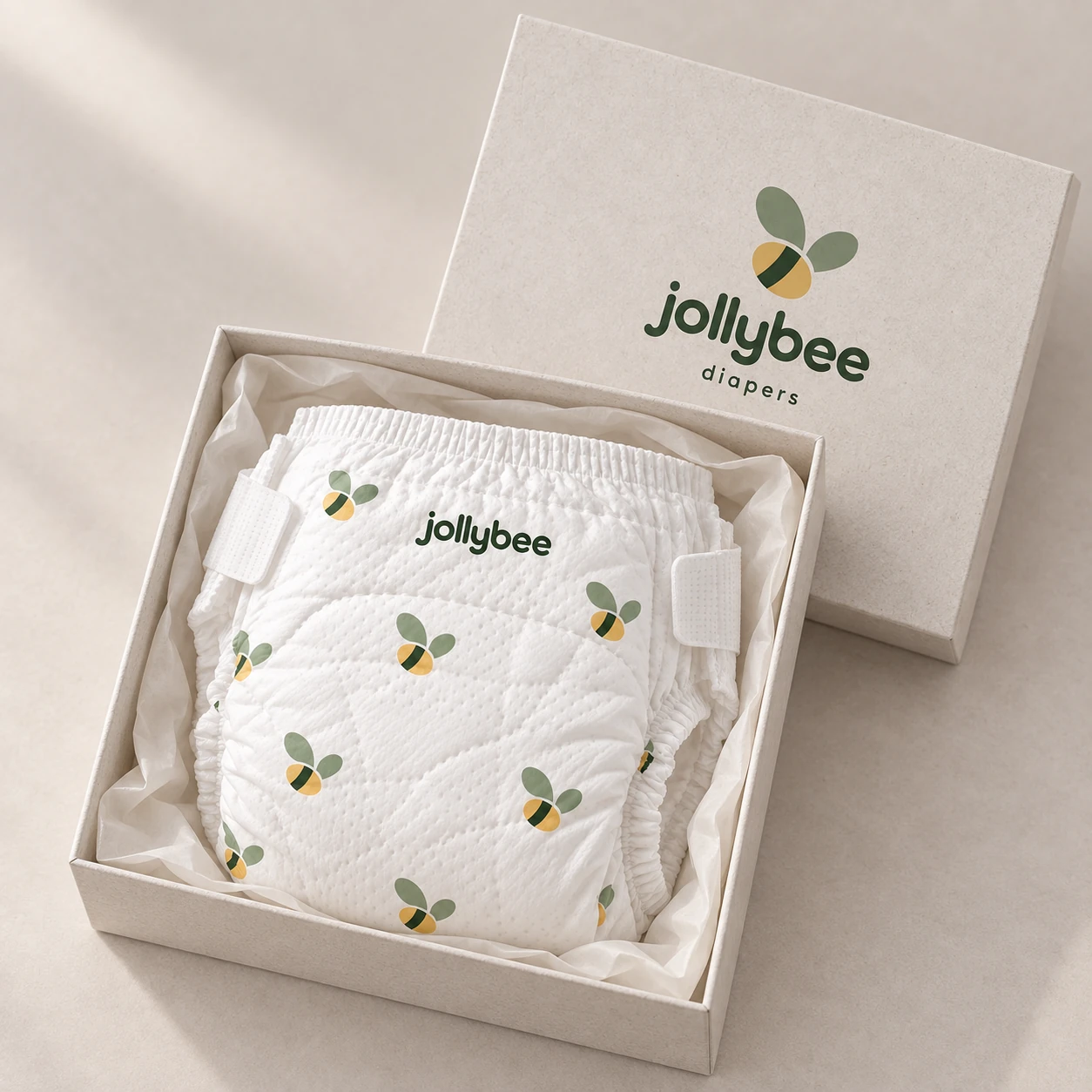 Jollybee bee-print baby diapers placed inside its visible open branded box