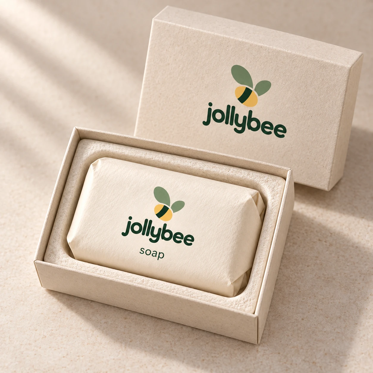 Jollybee baby soap placed inside its visible open branded box