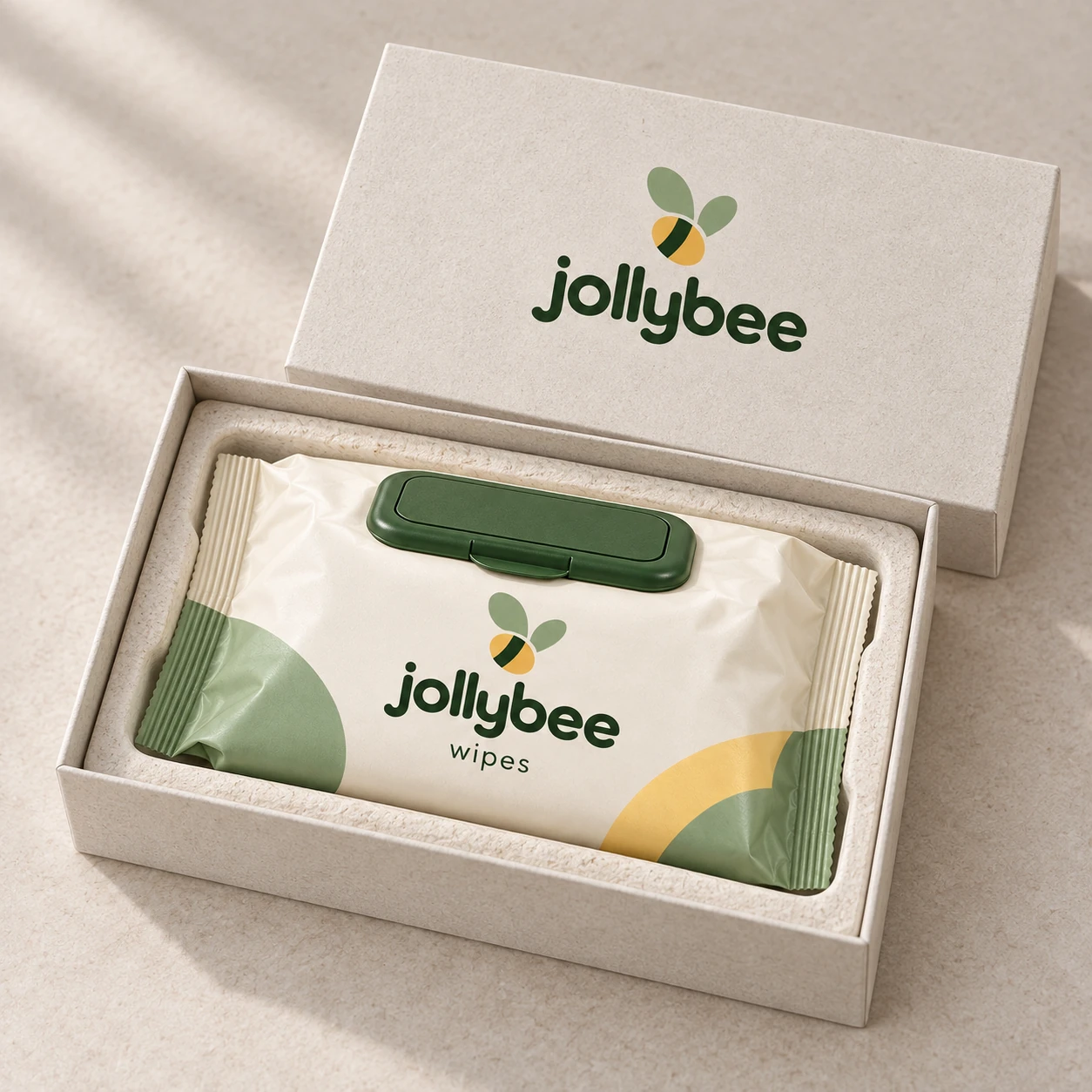 Jollybee baby wipes placed inside its visible open branded box