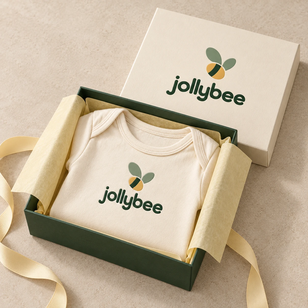 Jollybee bee bodysuit placed inside its visible open branded box