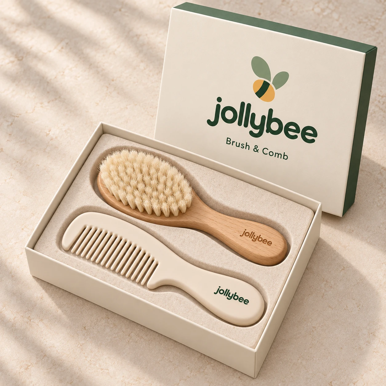 Jollybee baby brush & comb set placed inside its visible open branded box