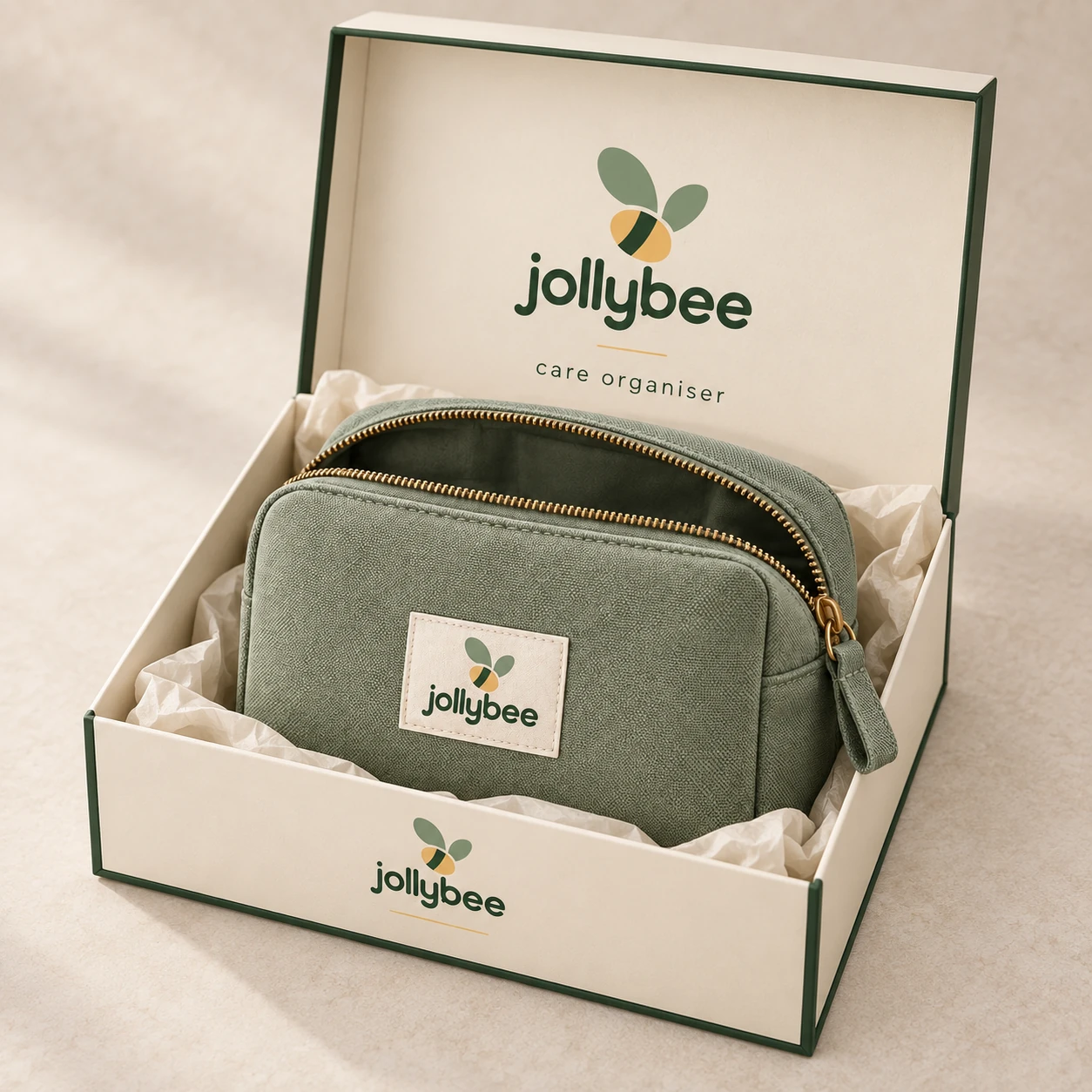 Jollybee care organiser placed inside its visible open branded box