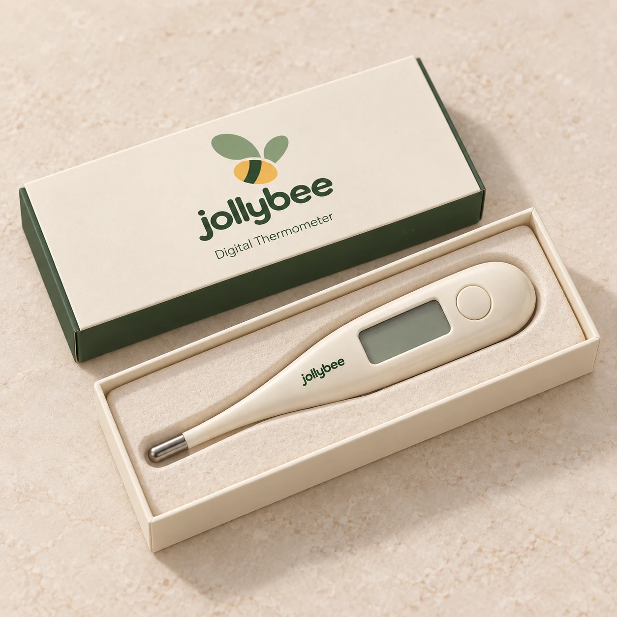 Jollybee digital thermometer placed inside its visible open branded box