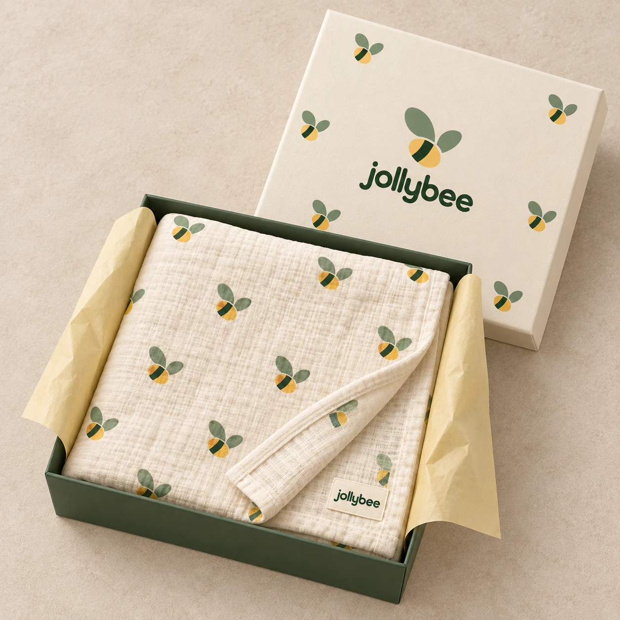 Jollybee bee muslin wrap placed inside its visible open branded box