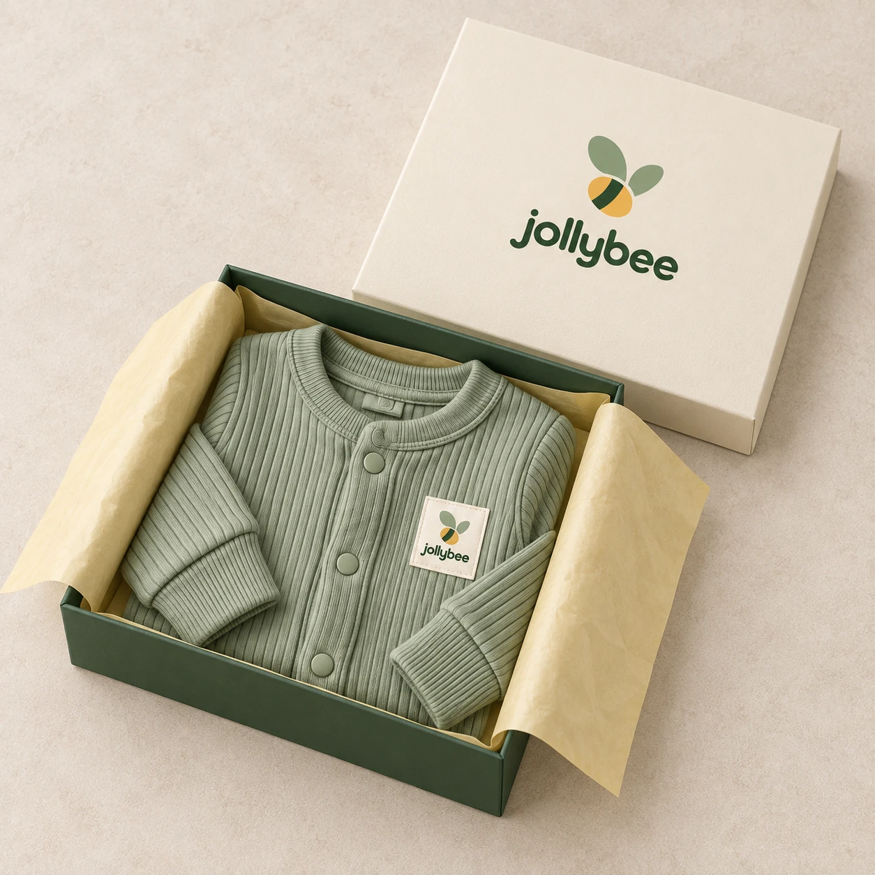 Jollybee sage ribbed sleepsuit placed inside its visible open branded box