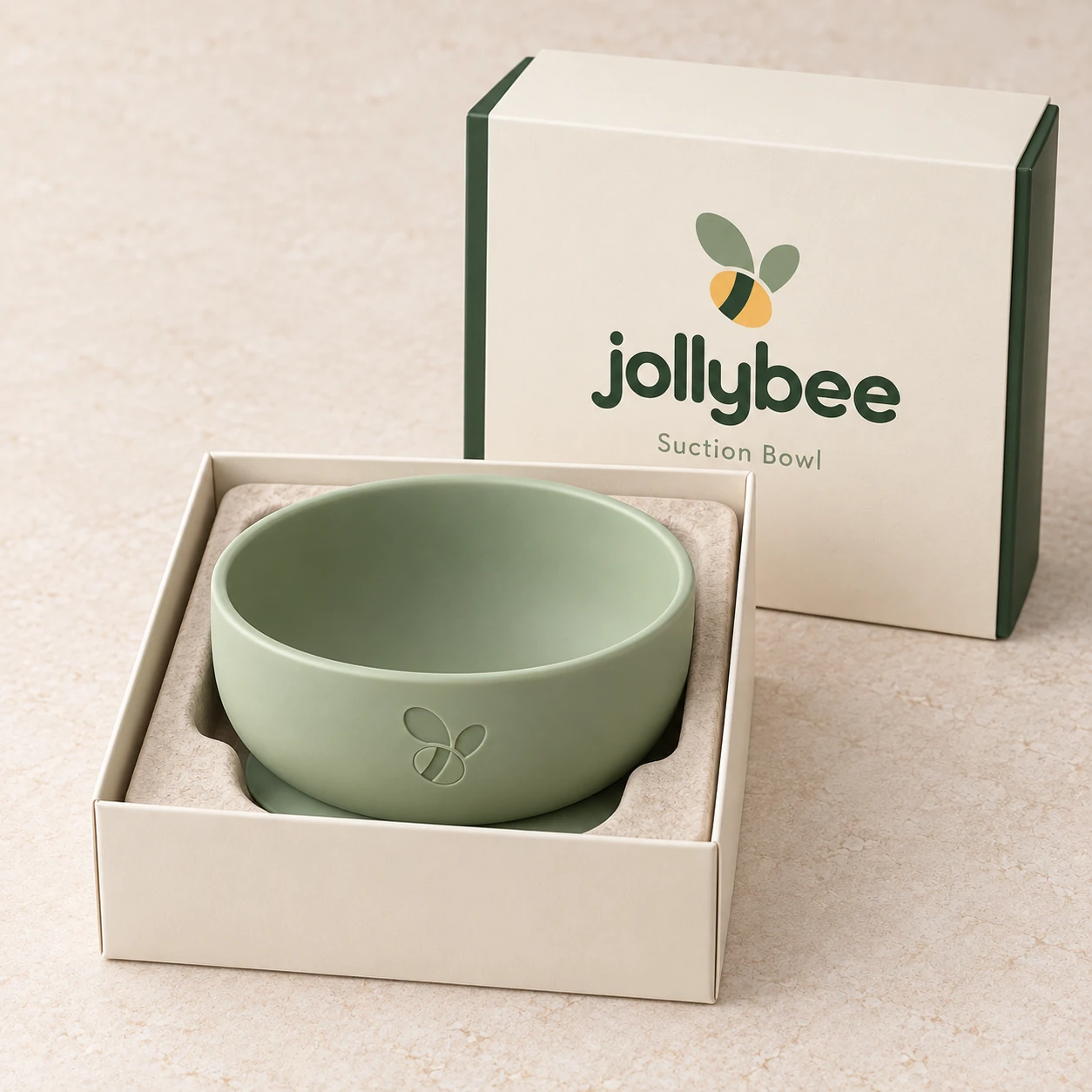 Jollybee silicone suction bowl placed inside its visible open branded box